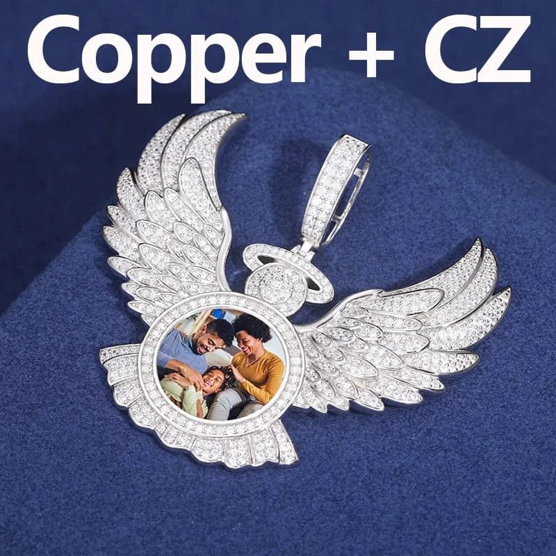 Custom Angel Wing Photo Pendant – “Heavenbound Tribute” Edition VVS1 5A CZ White Gold 18 IN Rope - Shop Gold Supply