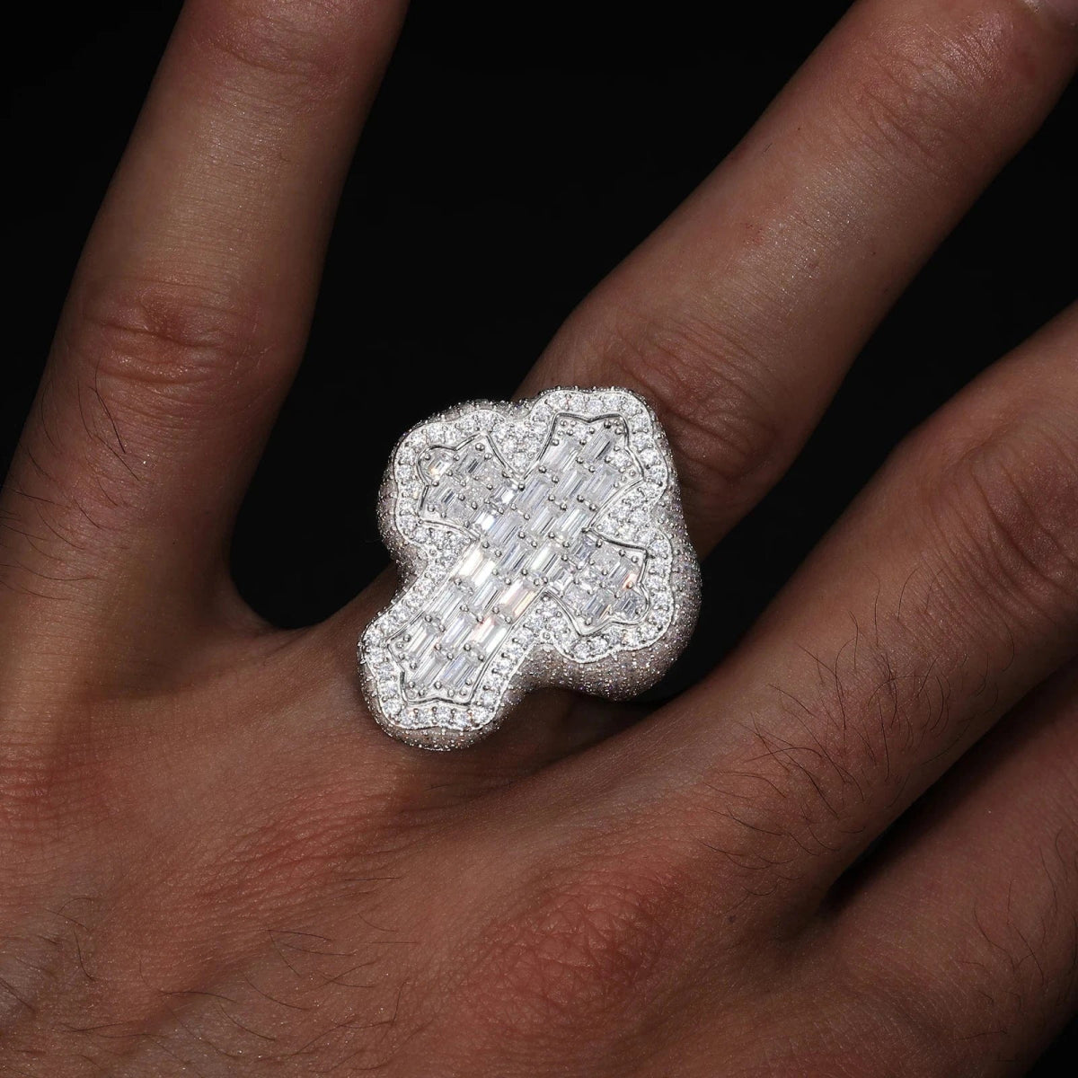 Iced Baguette Cross Ring – “Divine Shine” Edition VVS 5A CZ 7 White Gold - Shop Gold Supply
