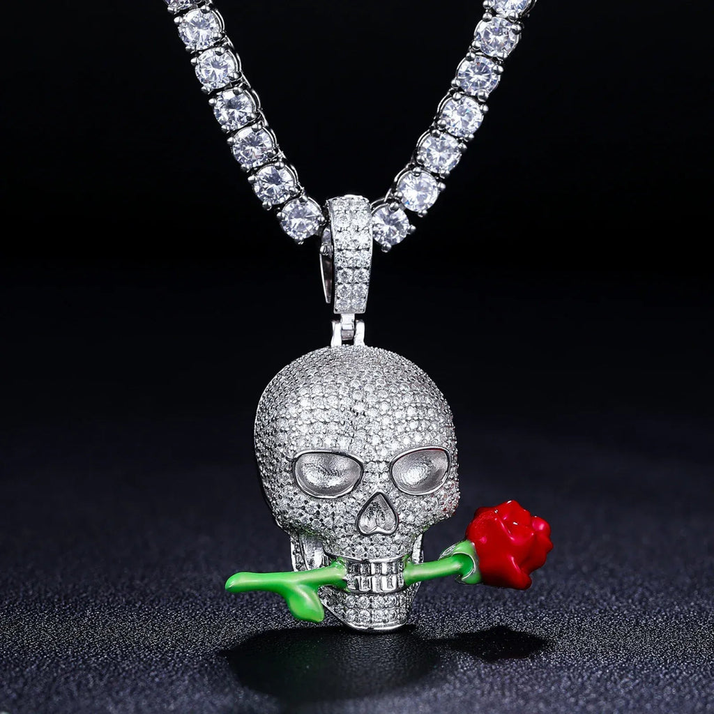 Moissanite Glow Skull & Rose Glow Pendant – “Deadly Romance” Edition White Gold - Shop Gold Supply