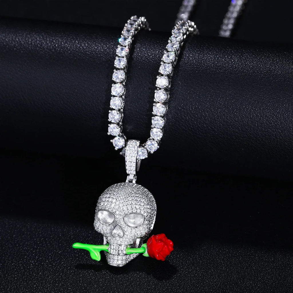 Moissanite Glow Skull & Rose Glow Pendant – “Deadly Romance” Edition White Gold - Shop Gold Supply