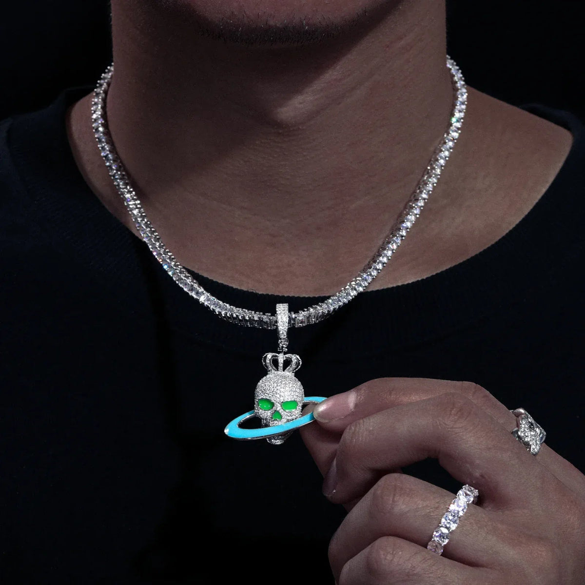 Moissanite Glow Skull Saturn Pendant – “Cosmic Reign” Edition - Shop Gold Supply
