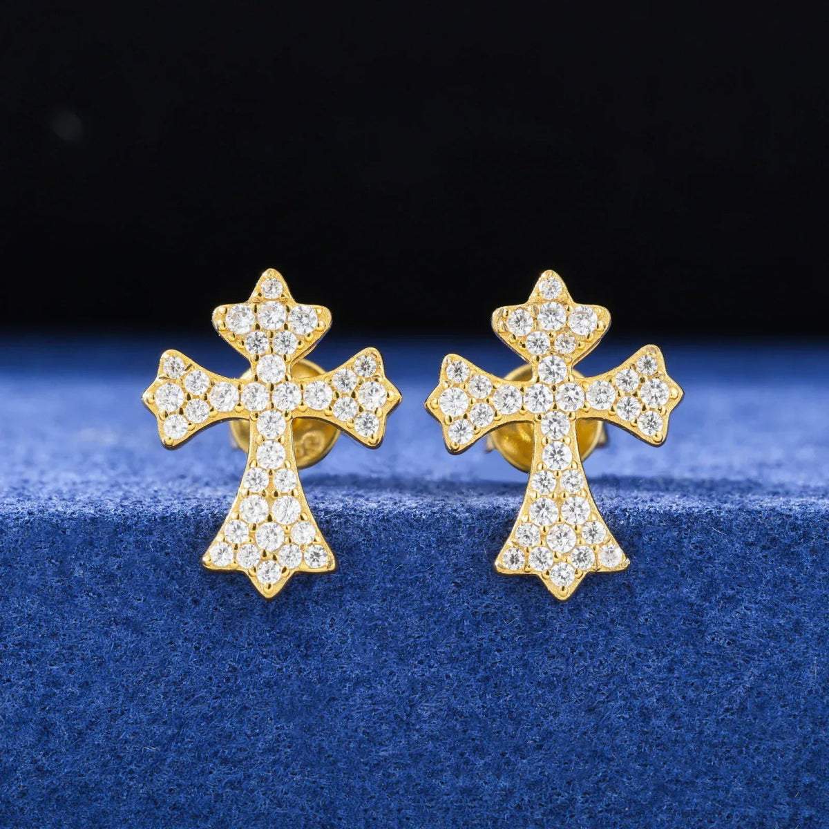 Moissanite Pavé Cross Stud Earrings – “Divine Ice” Edition Yellow Gold - Shop Gold Supply