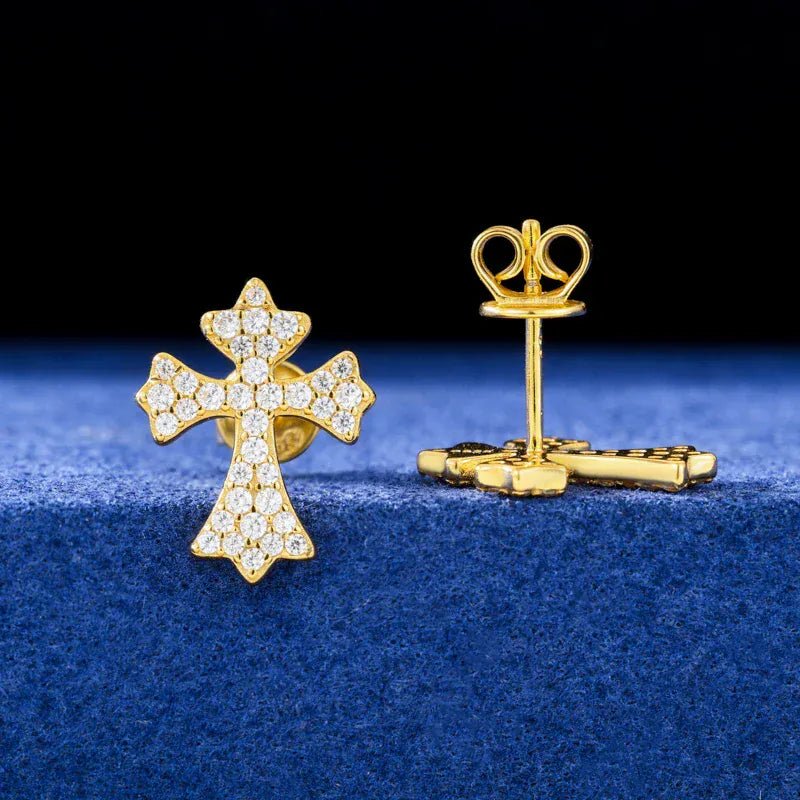 Moissanite Pavé Cross Stud Earrings – “Divine Ice” Edition Yellow Gold - Shop Gold Supply