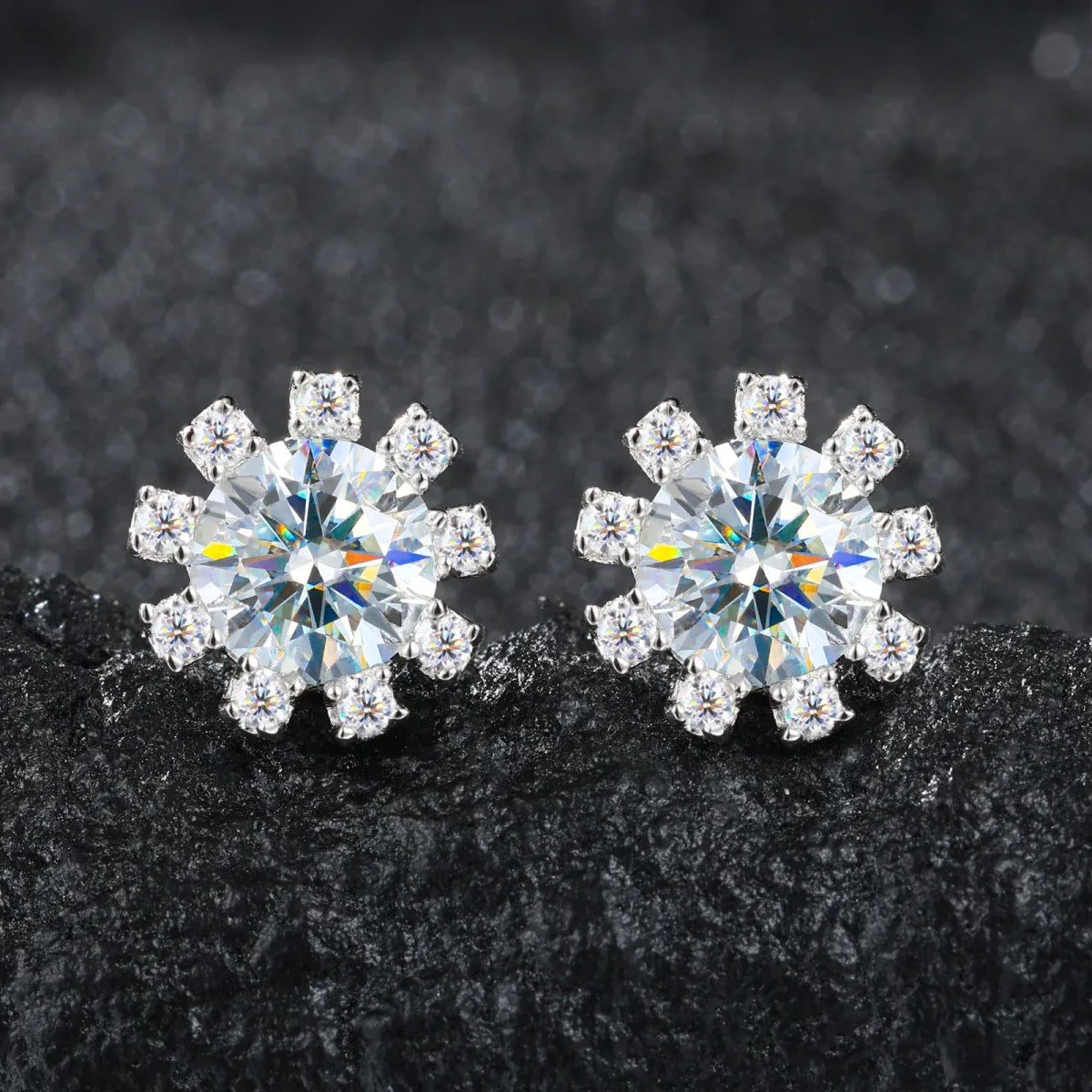 Sunburst Iced Stud Earrings – “Solar Flare” Edition White Gold Moissanite - Shop Gold Supply