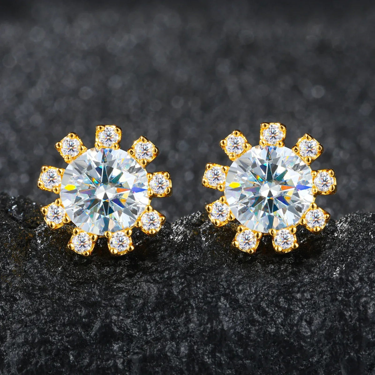 Sunburst Iced Stud Earrings – “Solar Flare” Edition Yellow Gold Moissanite - Shop Gold Supply